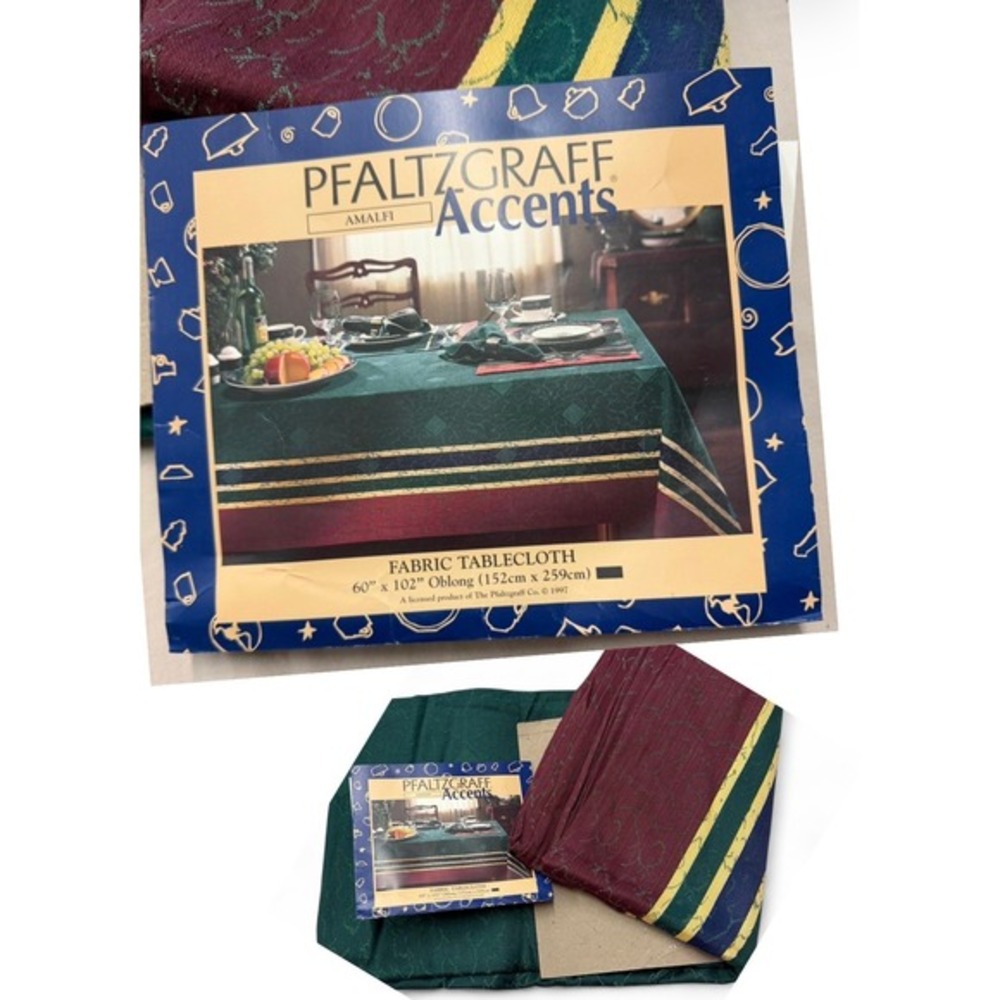 Pfaltzgraff Amalfi Fabric Tablecloth Hunter Green Burgundy Striped 60x102 Oblong